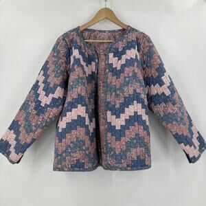 Vintage Handmade Quilted Jacket Womens Size L Blue Pink Floral Cottagecore